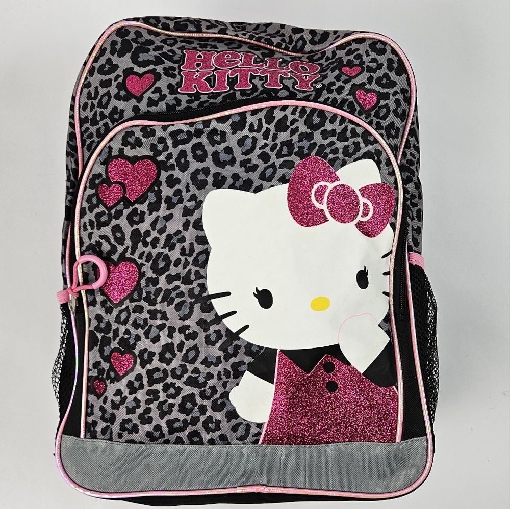 Hello Kitty Cute Pink Leopard Sparkly Heart Love Print Backpack School Travel